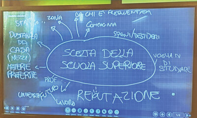 Una delle slide proiettate durante l'incontro, con la lavagna scritta dai ragazzi di terza media insieme agli psicologi
